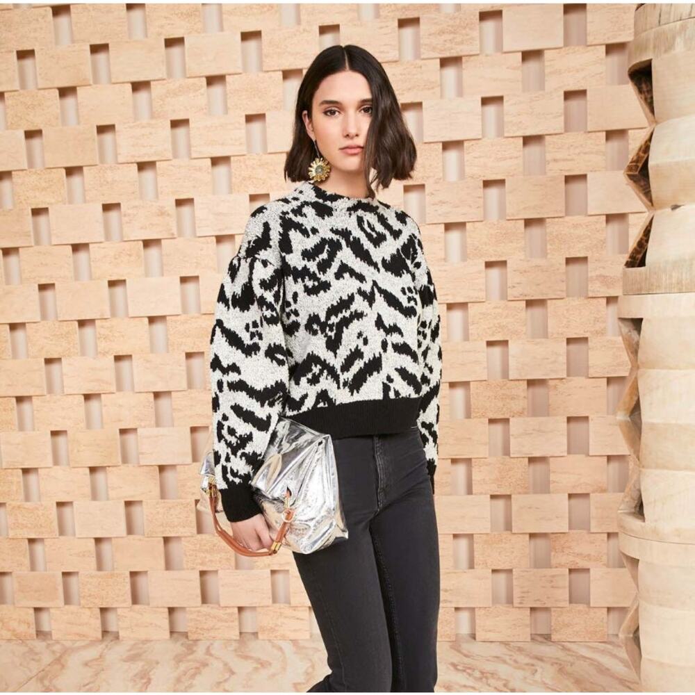 ULLA JOHNSON Textured Nalla Pullover Sweater Onyx Black Taupe Sz M $475 {3K16} - Picture 1 of 8